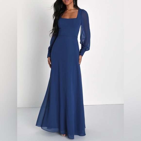 Lulus Stunning Behavior Dark Blue Square Neck Long Sleeve Maxi Dress large new - Picture 8 of 8